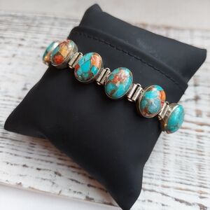 Turquoise and Orange Spiny Oyster Bracelet in Sterling silver